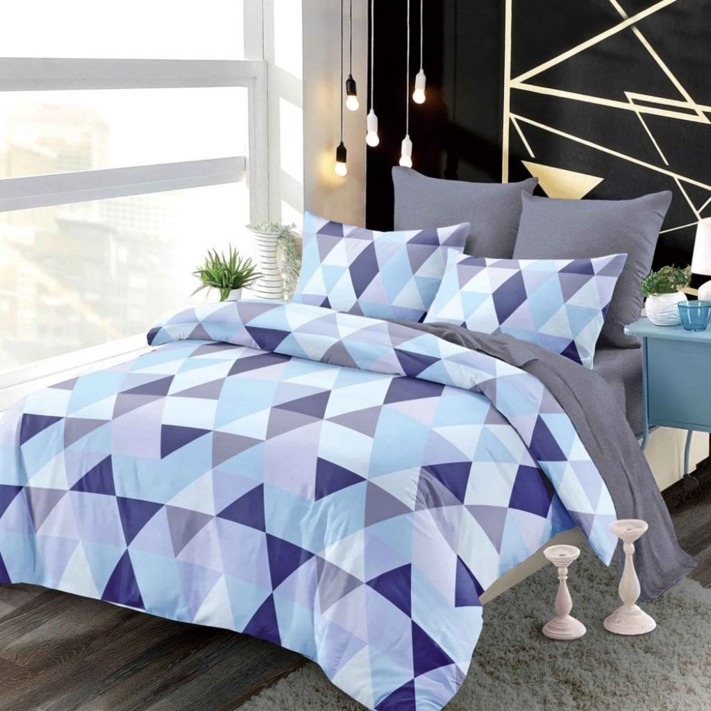 Lenjerie de pat, 2 persoane, finet, 6 piese, cu elastic, gri albastru alb, cu forme geometrice, LEL532