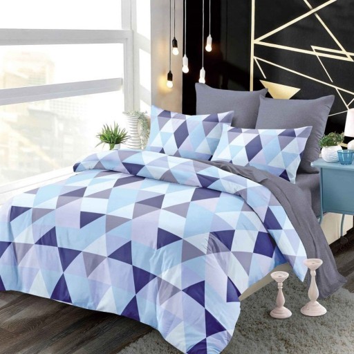 Lenjerie de pat, 2 persoane, finet, 6 piese, cu elastic, gri albastru alb, cu forme geometrice, LEL532