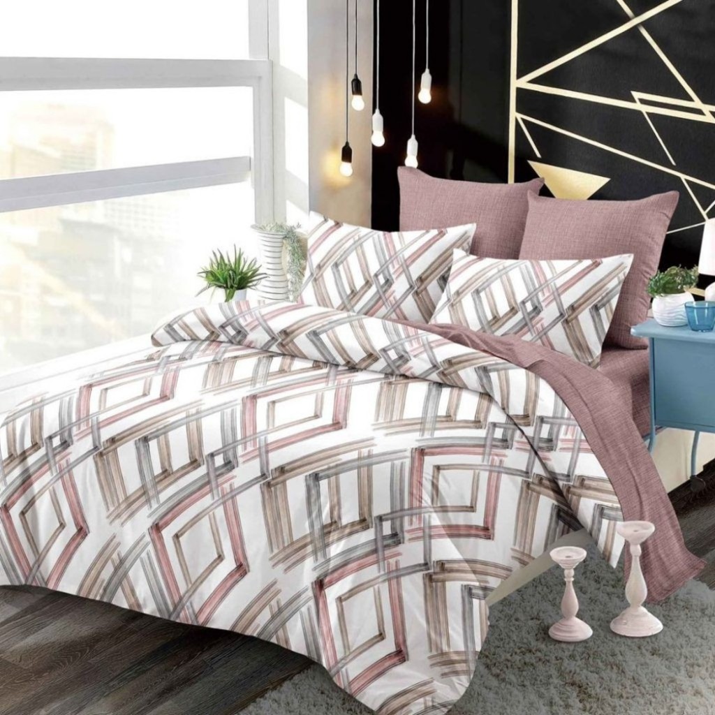 Lenjerie de pat, 2 persoane, finet, 6 piese, cu elastic, crem și maro, cu romburi, LEL533