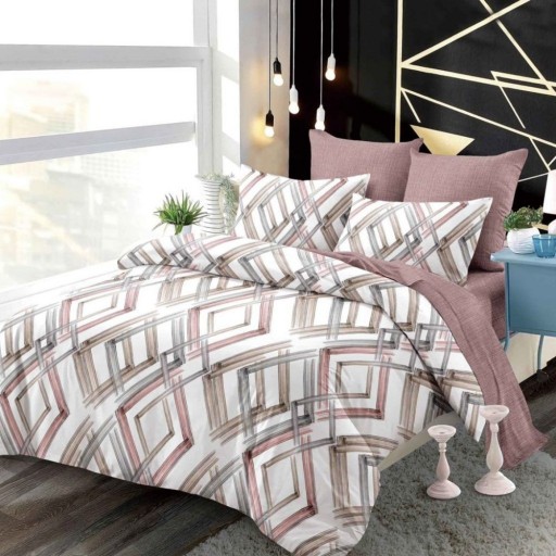 Lenjerie de pat, 2 persoane, finet, 6 piese, cu elastic, crem și maro, cu romburi, LEL533