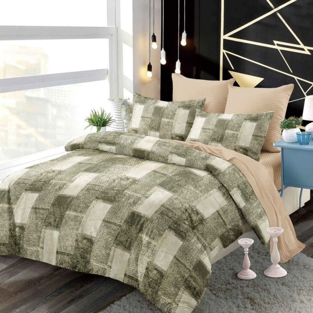 Lenjerie de pat, 2 persoane, finet, 6 piese, cu elastic, alb crem verde, imprimeu degrade, LEL534