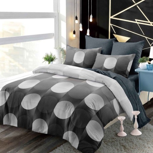 Lenjerie de pat, 2 persoane, finet, 6 piese, cu elastic, gri și negru, cu cercuri albe, LEL535