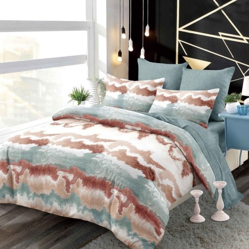 Lenjerie de pat, 2 persoane, finet, 6 piese, cu elastic, alb maro verde, imprimeu mozaic, LEL536