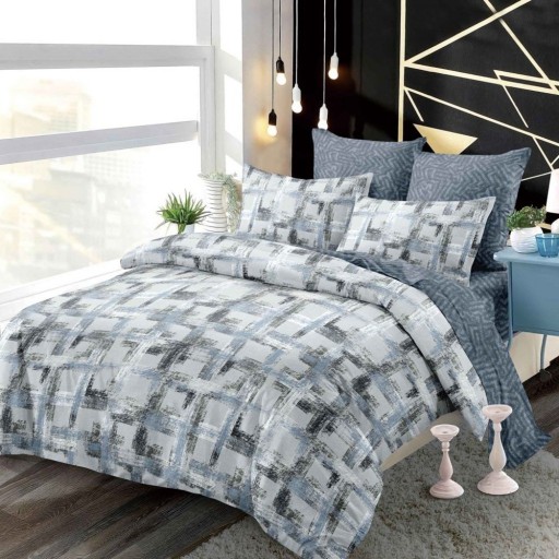 Lenjerie de pat, 2 persoane, finet, 6 piese, cu elastic, albastru și gri, imprimeu carouri, LEL537