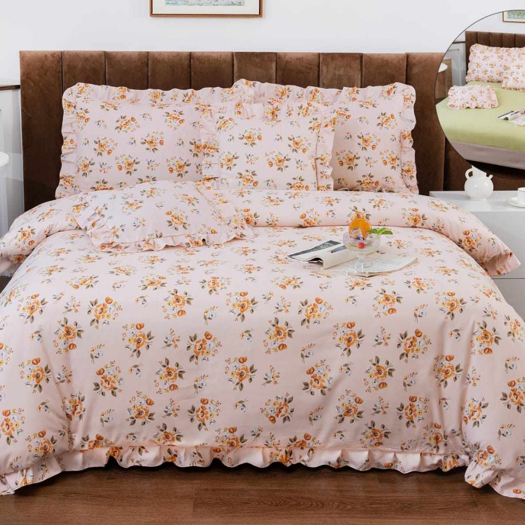 Lenjerie de pat cu volănașe, 2 persoane, finet, 6 piese, cu elastic, culoare roz, imprimeu floricele, LELV105