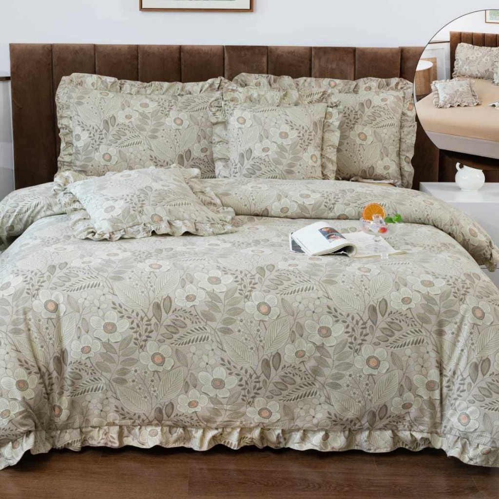 Lenjerie de pat cu volănașe, 2 persoane, finet, 6 piese, cu elastic, culoare gri, imprimeu flori, LELV108