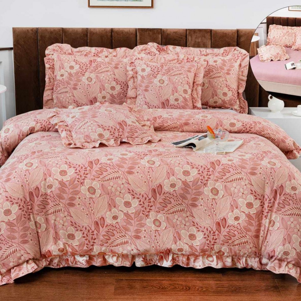 Lenjerie de pat cu volănașe, 2 persoane, finet, 6 piese, cu elastic, culoare gri, imprimeu flori, LELV110
