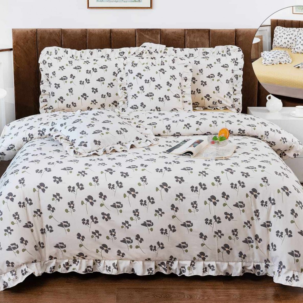 Lenjerie de pat cu volănașe, 2 persoane, finet, 6 piese, cu elastic, culoare alb, imprimeu flori, LELV111