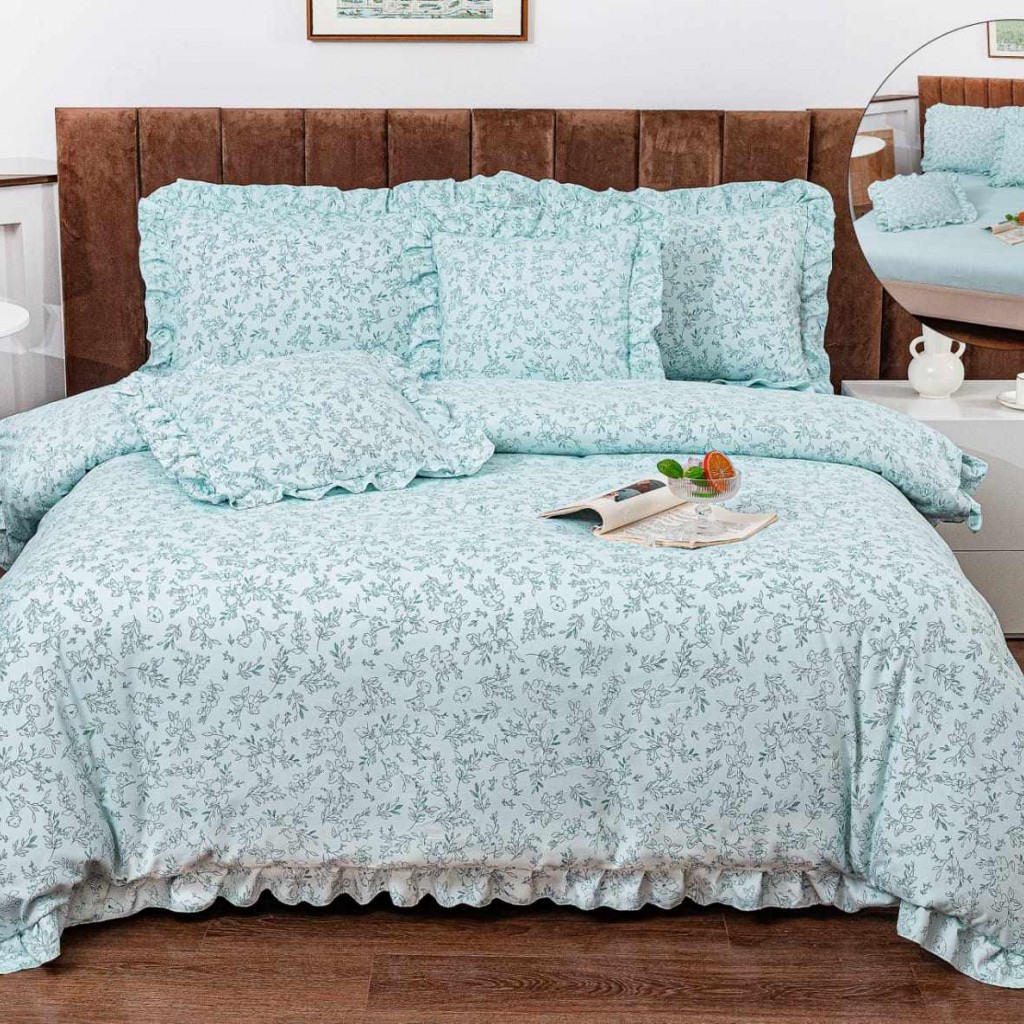 Lenjerie de pat cu volănașe, 2 persoane, finet, 6 piese, cu elastic, culoare albastru, imprimeu floricele, LELV112
