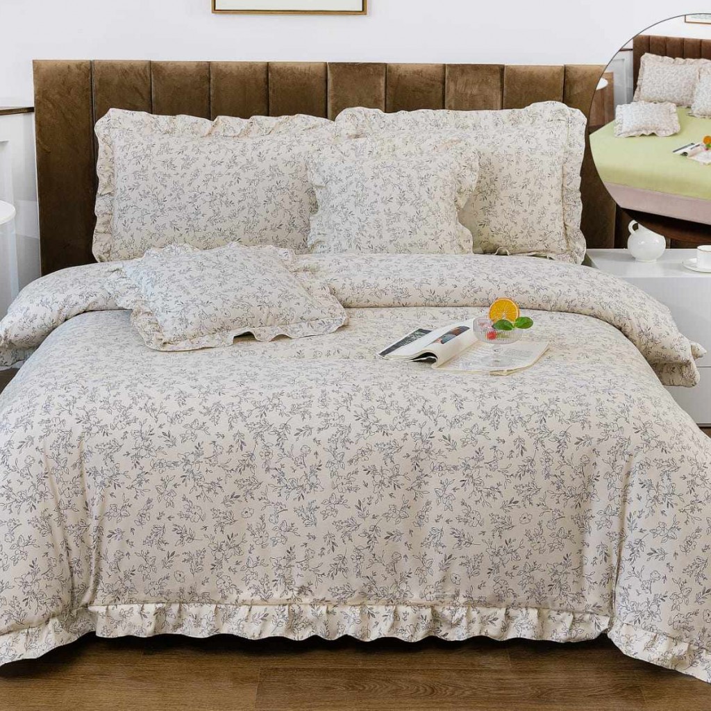 Lenjerie de pat cu volănașe, 2 persoane, finet, 6 piese, cu elastic, culoare crem, imprimeu floricele, LELV113