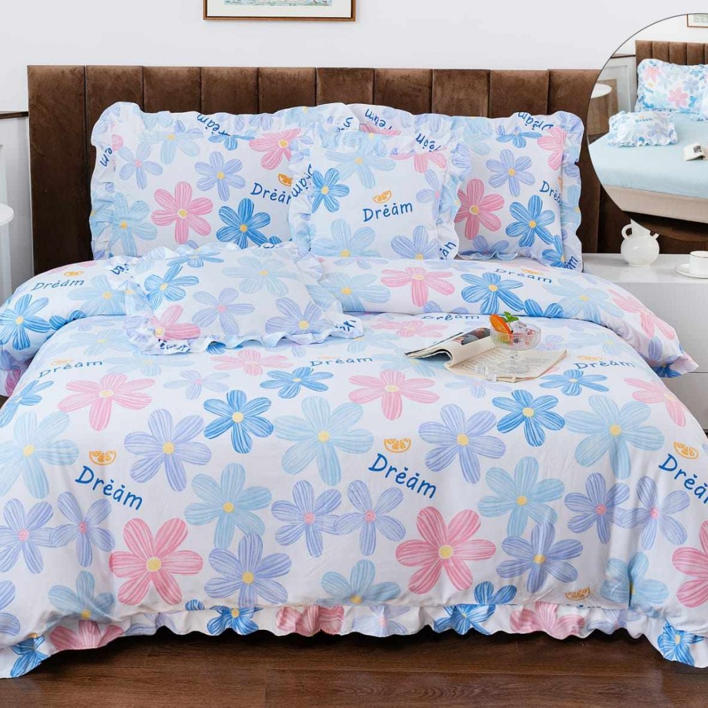 Lenjerie de pat cu volănașe, 2 persoane, finet, 6 piese, cu elastic, culoare albastru, imprimeu flori, LELV114