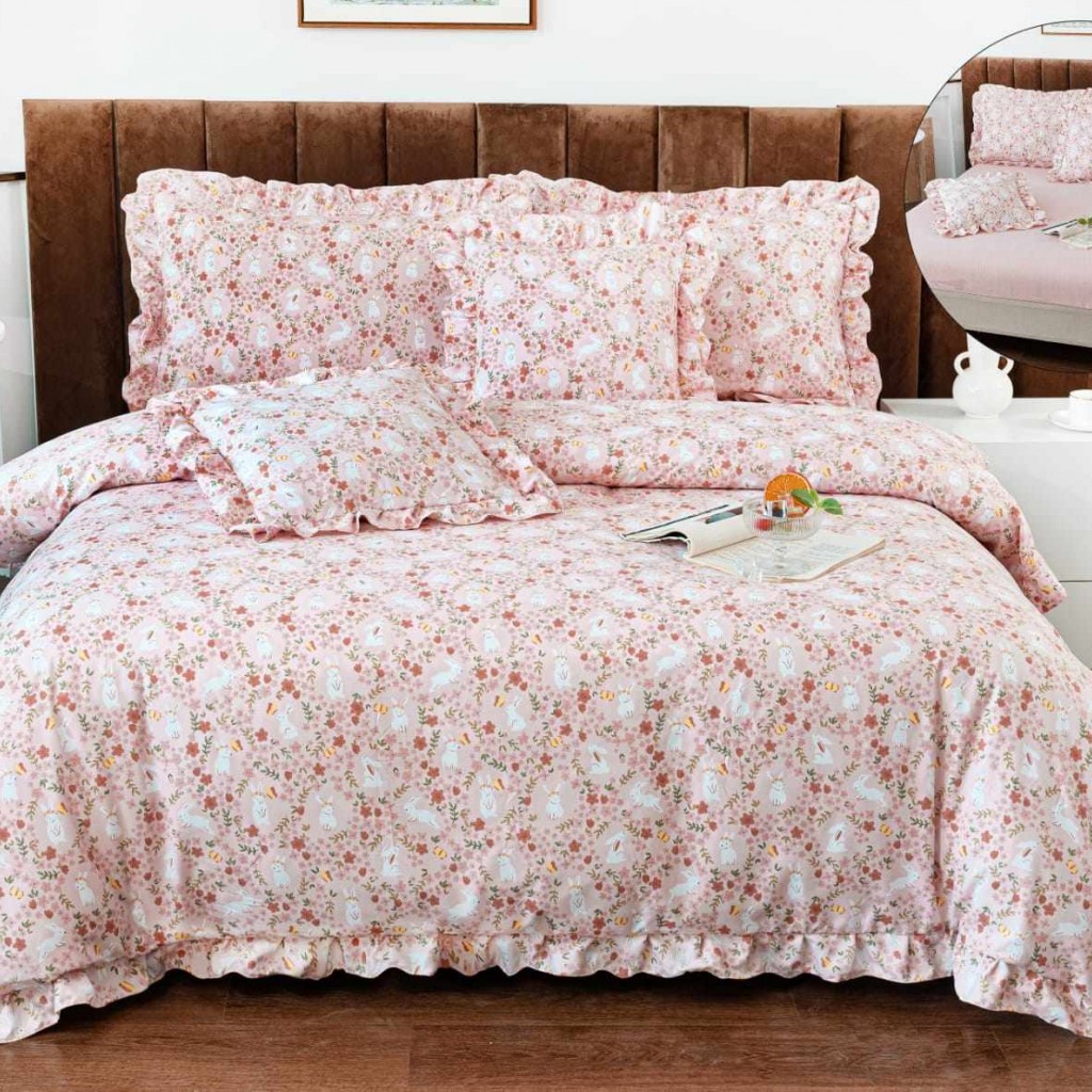Lenjerie de pat cu volănașe, 2 persoane, finet, 6 piese, cu elastic, culoare roz, imprimeu floricele, LELV115
