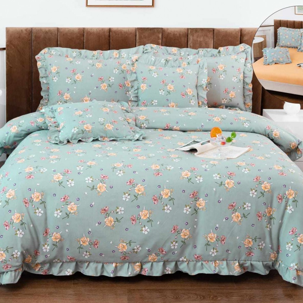 Lenjerie de pat cu volănașe, 2 persoane, finet, 6 piese, cu elastic, culoare verde, imprimeu floricele, LELV116