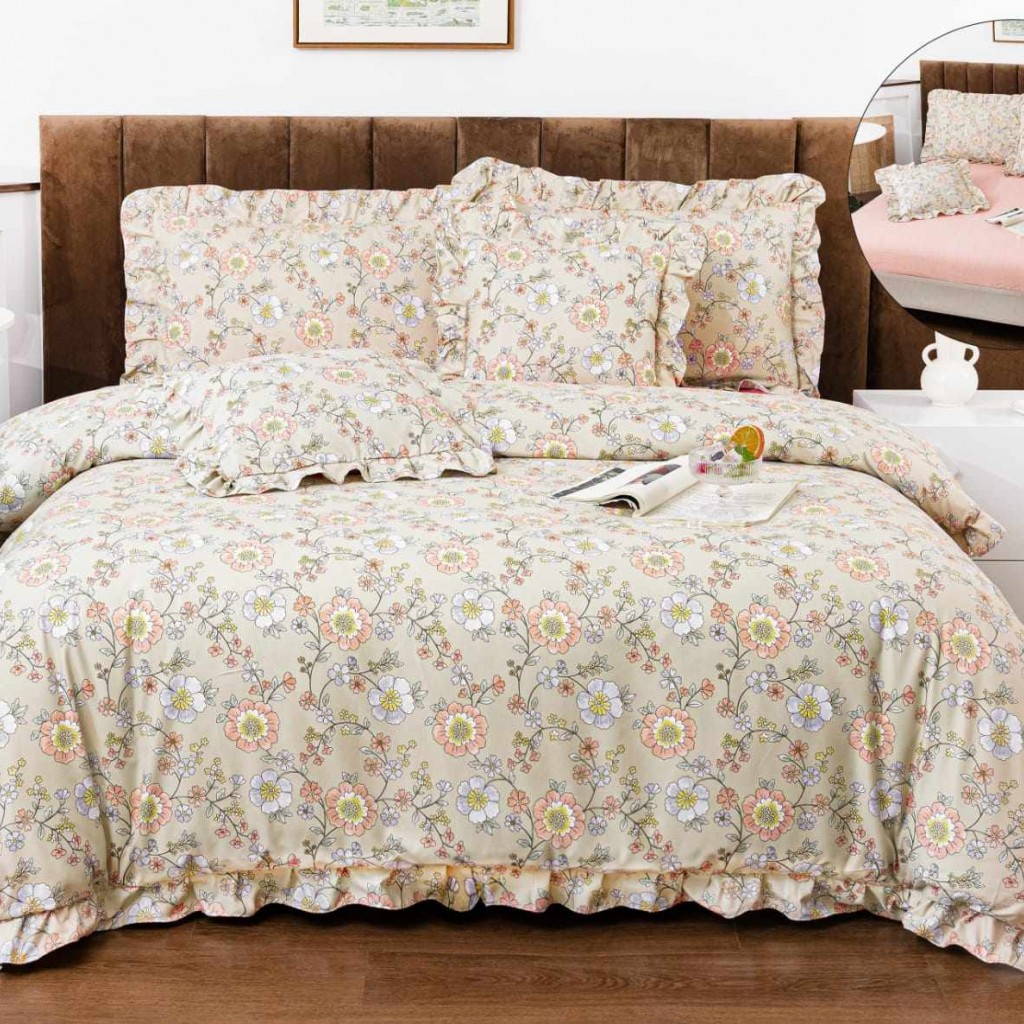 Lenjerie de pat cu volănașe, 2 persoane, finet, 6 piese, cu elastic, culoare crem, imprimeu flori, LELV117