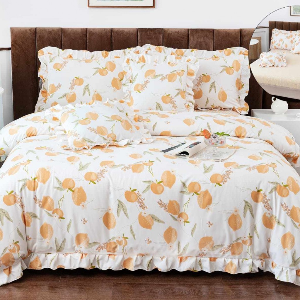 Lenjerie de pat cu volănașe, 2 persoane, finet, 6 piese, cu elastic, culoare crem, imprimeu fructe, LELV118