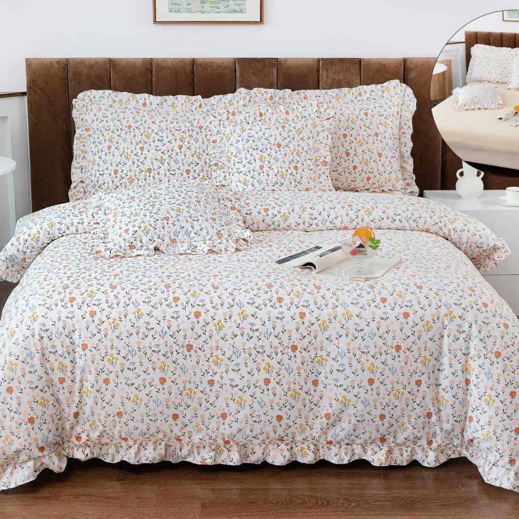 Lenjerie de pat cu volănașe, 2 persoane, finet, 6 piese, cu elastic, culoare crem, imprimeu floricele, LELV119