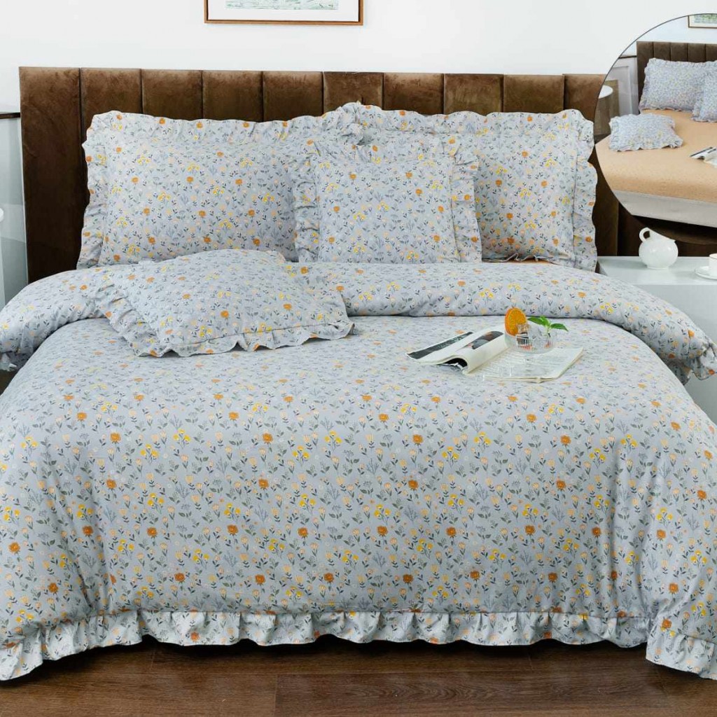 Lenjerie de pat cu volănașe, 2 persoane, finet, 6 piese, cu elastic, culoare gri, imprimeu floricele, LELV120