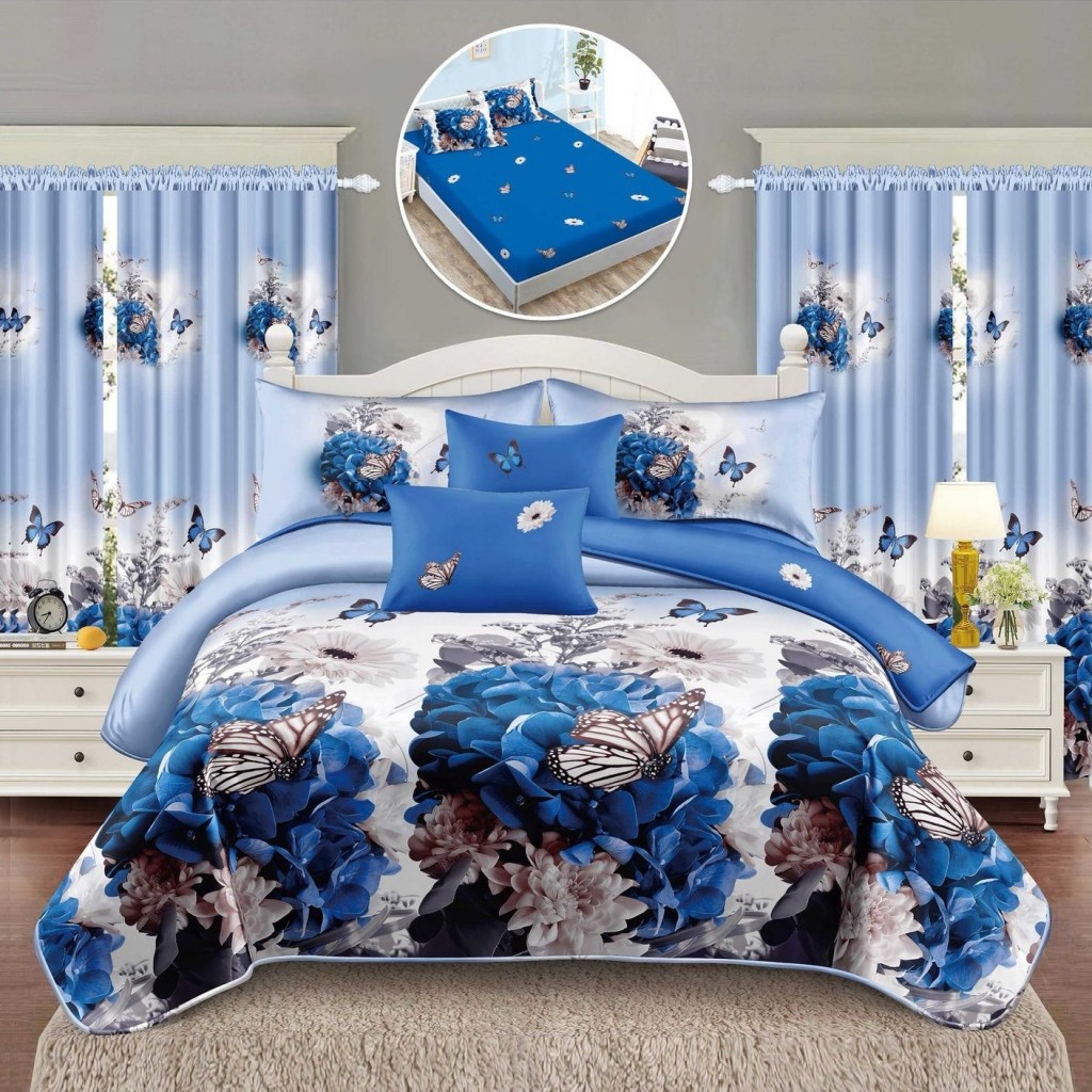 Set Lenjerie de pat, 2 persoane, finet, 8 piese, cu elastic + 2 draperii, albastru și alb, cu flori și fluturi, LELD803