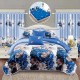 Set Lenjerie de pat, 2 persoane, finet, 8 piese, cu elastic + 2 draperii, albastru și alb, cu flori și fluturi, LELD803