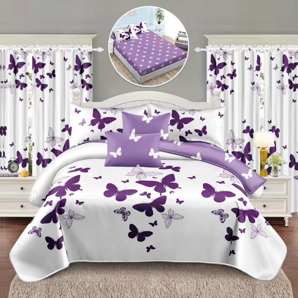 Set Lenjerie de pat, 2 persoane, finet, 8 piese, cu elastic + 2 draperii, alb și mov, cu fluturi mov, LELD804