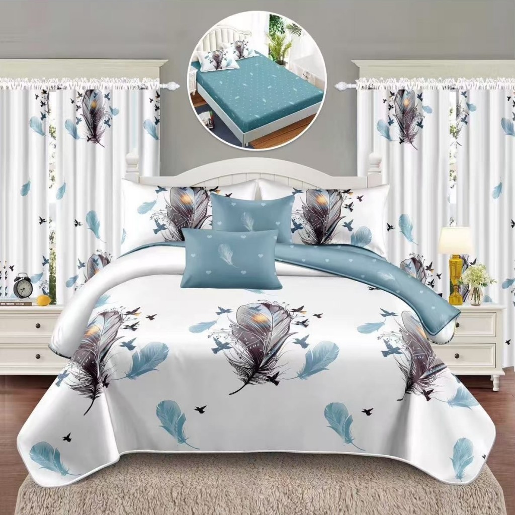 Set Lenjerie de pat, 2 persoane, finet, 8 piese, cu elastic + 2 draperii, alb și albastru, cu pene, LELD805