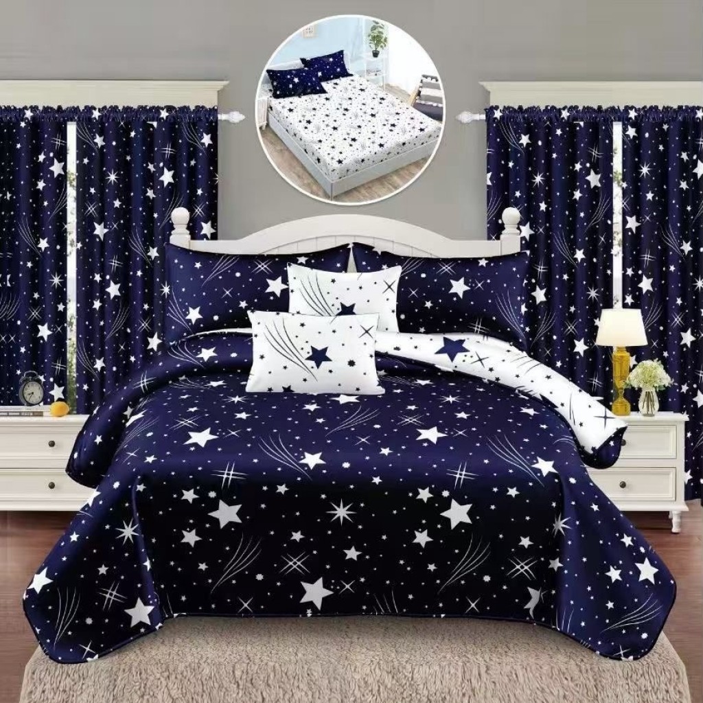 Set Lenjerie de pat, 2 persoane, finet, 8 piese, cu elastic + 2 draperii, albastru și alb, cu steluțe, LELD806