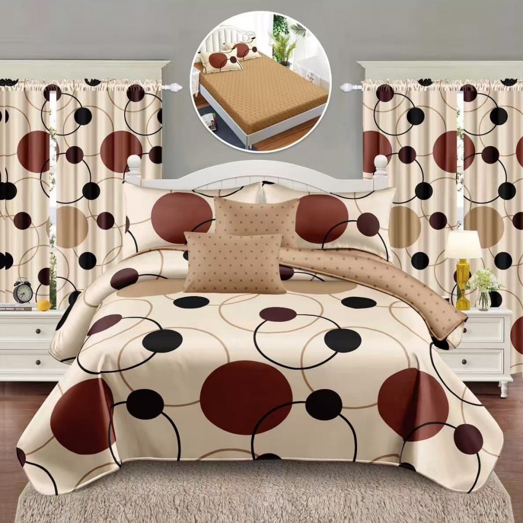 Set Lenjerie de pat, 2 persoane, finet, 8 piese, cu elastic + 2 draperii, crem , cu cerculete, LELD807