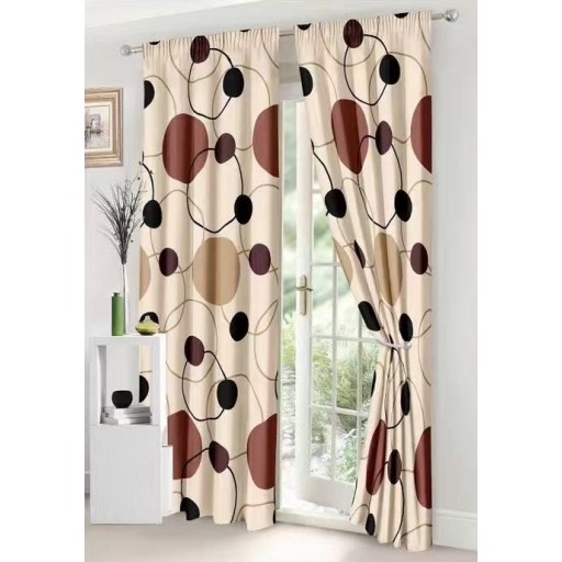 Set Lenjerie de pat, 2 persoane, finet, 8 piese, cu elastic + 2 draperii, crem , cu cerculete, LELD807