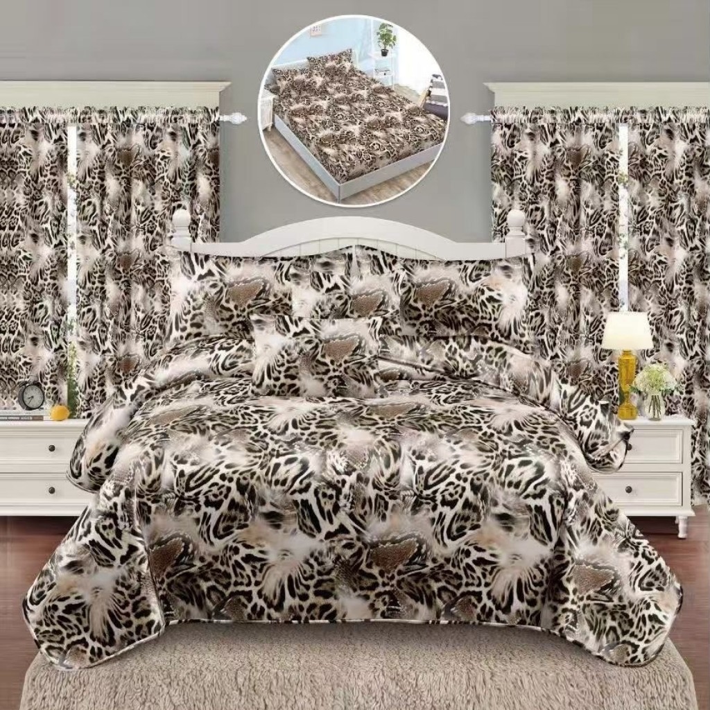 Set Lenjerie de pat, 2 persoane, finet, 8 piese, cu elastic + 2 draperii, crem și maro, imprimeu animal print, LELD809