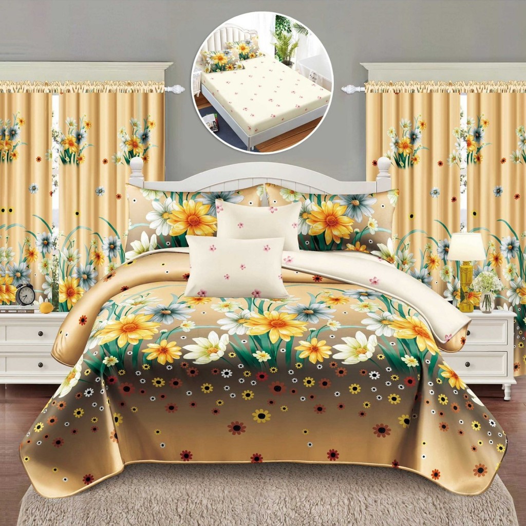 Set Lenjerie de pat, 2 persoane, finet, 8 piese, cu elastic + 2 draperii, crem , cu flori, LELD811