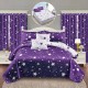 Set Lenjerie de pat, 2 persoane, finet, 8 piese, cu elastic + 2 draperii, mov și alb, cu steluțe, LELD812