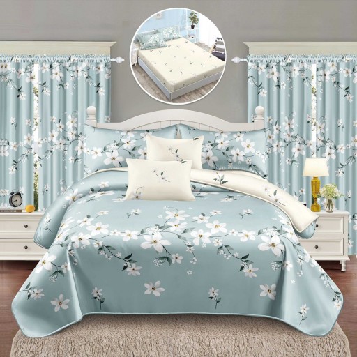 Set Lenjerie de pat, 2 persoane, finet, 8 piese, cu elastic + 2 draperii, albastru și crem, cu flori albe, LELD816