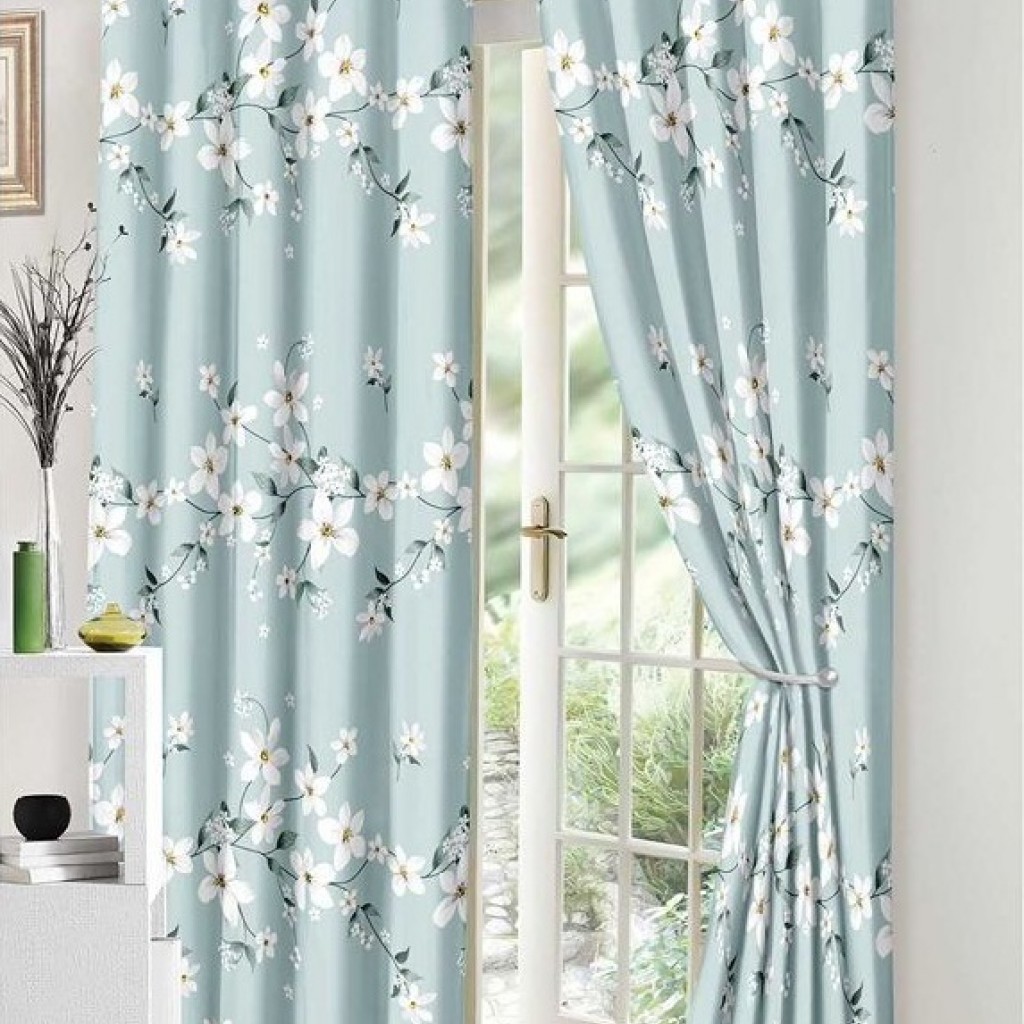 Set Lenjerie de pat, 2 persoane, finet, 8 piese, cu elastic + 2 draperii, albastru și crem, cu flori albe, LELD816