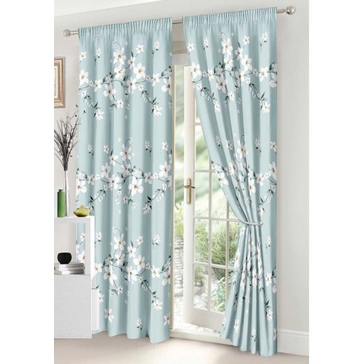 Set Lenjerie de pat, 2 persoane, finet, 8 piese, cu elastic + 2 draperii, albastru și crem, cu flori albe, LELD816