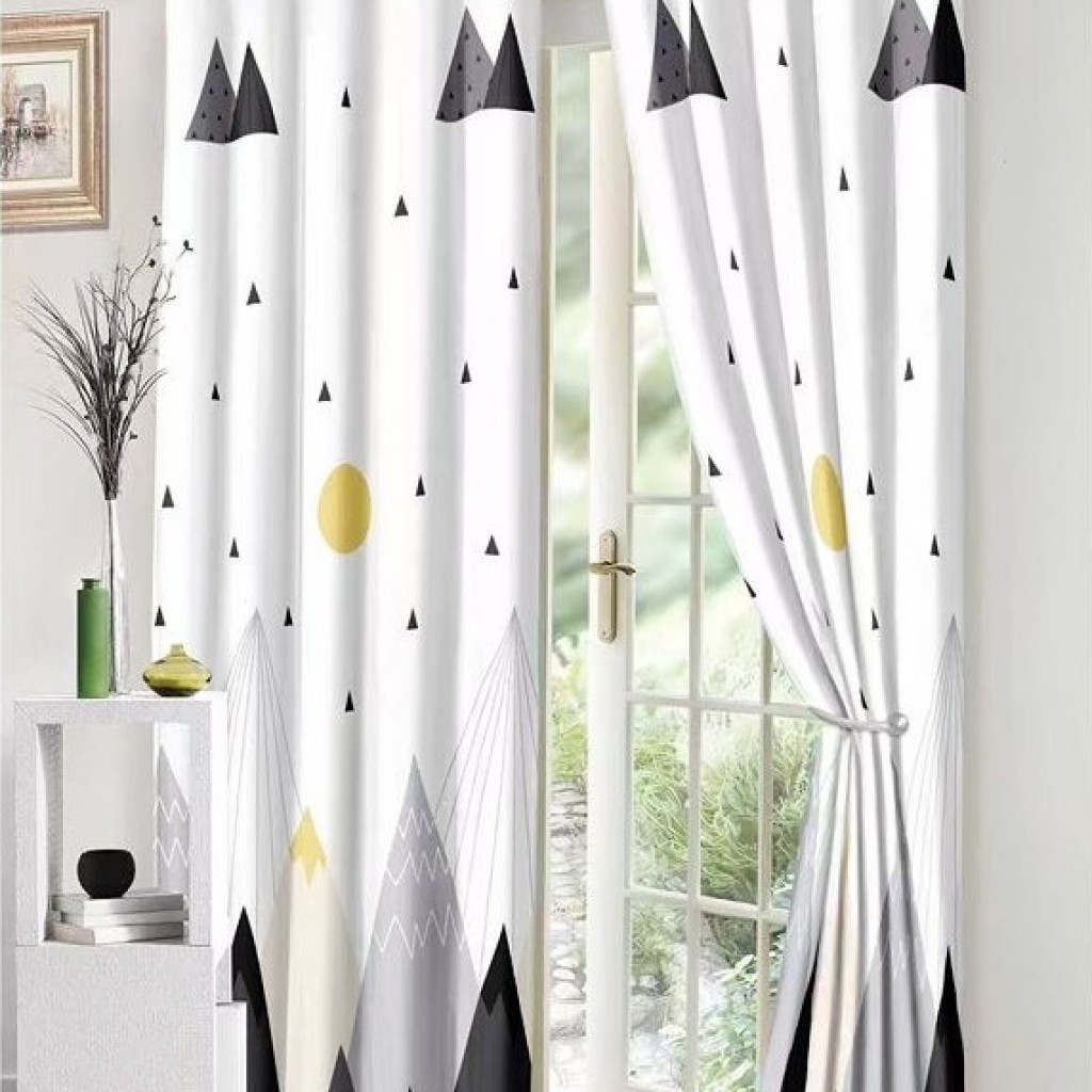 Set Lenjerie de pat, 2 persoane, finet, 8 piese, cu elastic + 2 draperii, gri și alb, imprimeu munți, LELD817