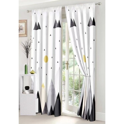 Set Lenjerie de pat, 2 persoane, finet, 8 piese, cu elastic + 2 draperii, gri și alb, imprimeu munți, LELD817