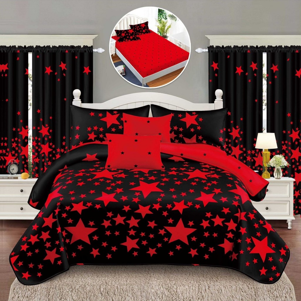 Set Lenjerie de pat, 2 persoane, finet, 8 piese, cu elastic + 2 draperii, negru și roșu, cu steluțe roșii, LELD819