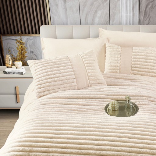 Set Pilotă & Lenjerie de pat, cocolino tip blăniță iepure , 2 persoane, 6 piese, cu elastic, crem deschis, PIL6001