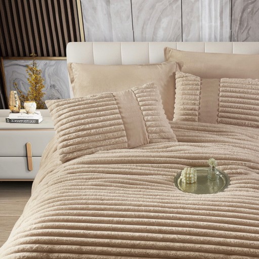 Set Pilotă & Lenjerie de pat, cocolino tip blăniță iepure , 2 persoane, 6 piese, cu elastic, crem , PIL6002