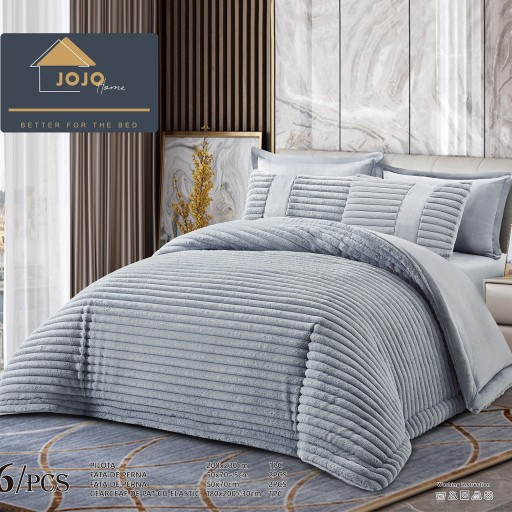 Set Pilotă & Lenjerie de pat, cocolino tip blăniță iepure , 2 persoane, 6 piese, cu elastic, gri deschis, PIL6003