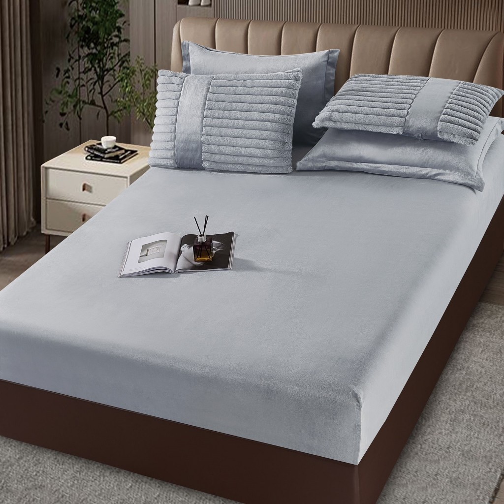 Set Pilotă & Lenjerie de pat, cocolino tip blăniță iepure , 2 persoane, 6 piese, cu elastic, gri deschis, PIL6003