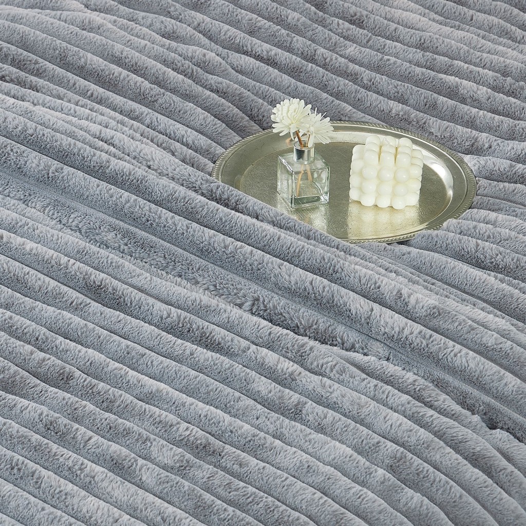 Set Pilotă & Lenjerie de pat, cocolino tip blăniță iepure , 2 persoane, 6 piese, cu elastic, gri deschis, PIL6003