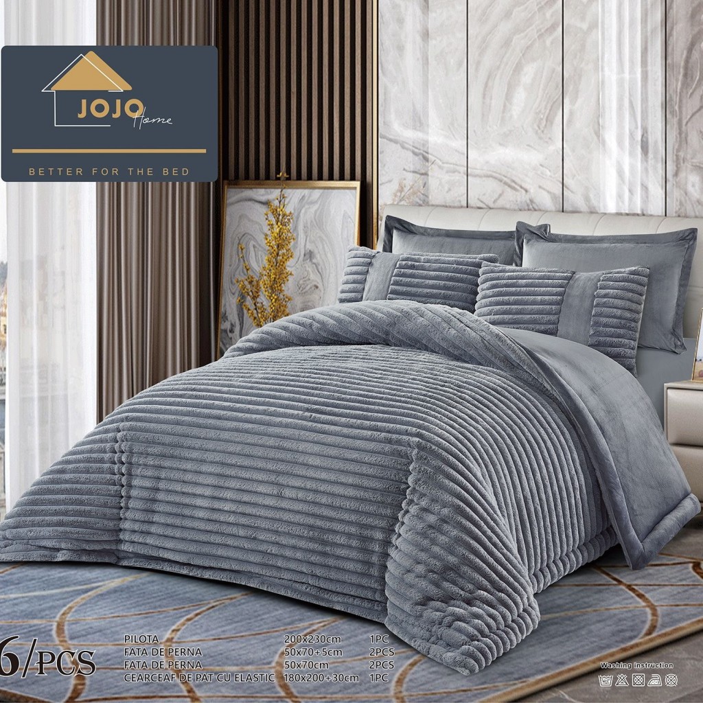 Set Pilotă & Lenjerie de pat, cocolino tip blăniță iepure , 2 persoane, 6 piese, cu elastic, gri închis, PIL6004