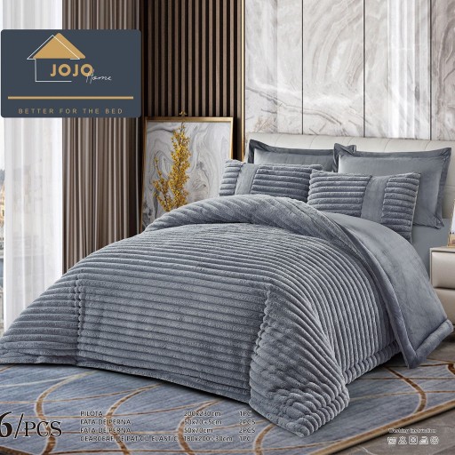 Set Pilotă & Lenjerie de pat, cocolino tip blăniță iepure , 2 persoane, 6 piese, cu elastic, gri închis, PIL6004