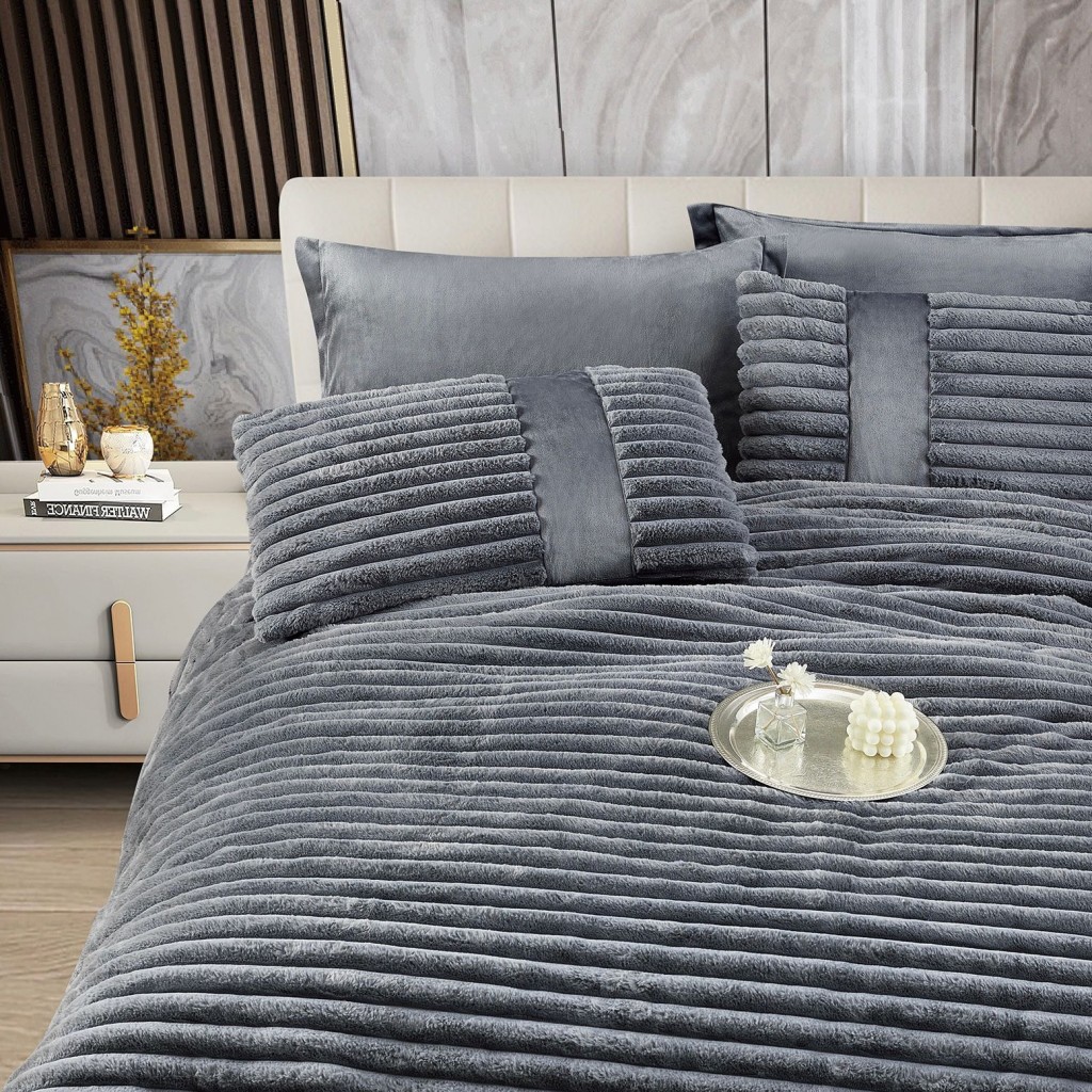 Set Pilotă & Lenjerie de pat, cocolino tip blăniță iepure , 2 persoane, 6 piese, cu elastic, gri închis, PIL6004