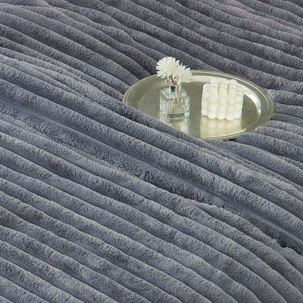 Set Pilotă & Lenjerie de pat, cocolino tip blăniță iepure , 2 persoane, 6 piese, cu elastic, gri închis, PIL6004