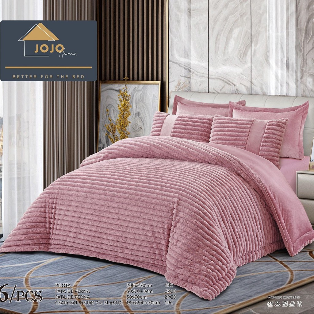 Set Pilotă & Lenjerie de pat, cocolino tip blăniță iepure , 2 persoane, 6 piese, cu elastic, mov deschis, PIL6005