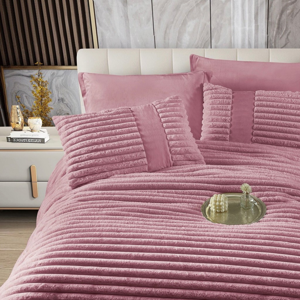 Set Pilotă & Lenjerie de pat, cocolino tip blăniță iepure , 2 persoane, 6 piese, cu elastic, mov deschis, PIL6005