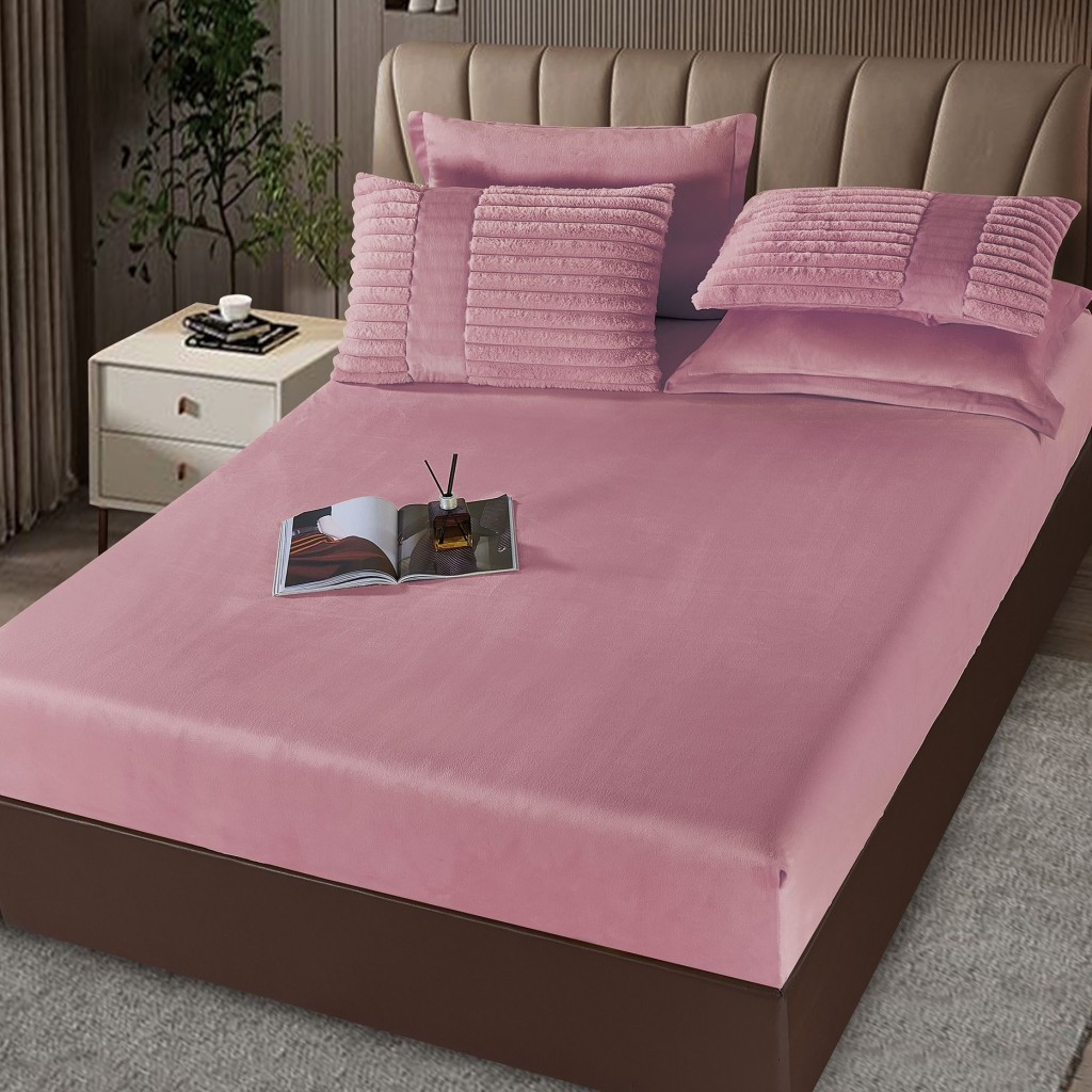 Set Pilotă & Lenjerie de pat, cocolino tip blăniță iepure , 2 persoane, 6 piese, cu elastic, mov deschis, PIL6005