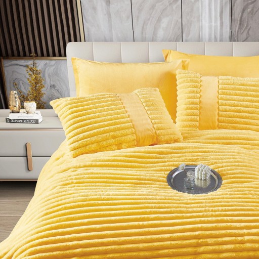 Set Pilotă & Lenjerie de pat, cocolino tip blăniță iepure , 2 persoane, 6 piese, cu elastic, galben , PIL6006